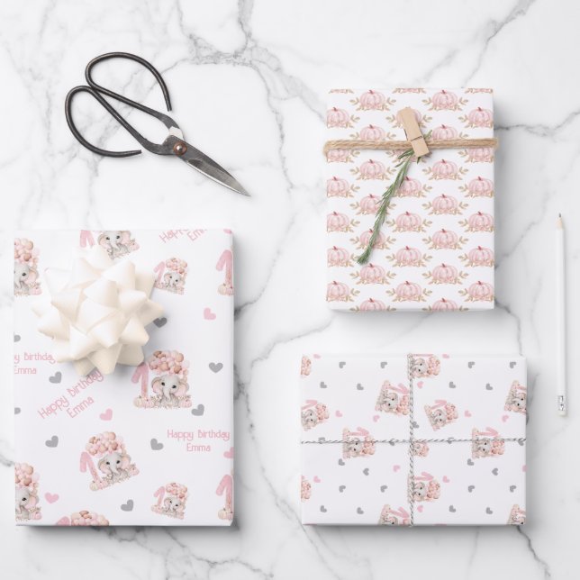 Elephant Fall 1st Birthday Girl Personalised Name Wrapping Paper Sheet (Front)