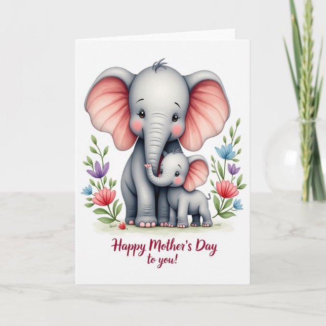 Elephant Family Floral Pattern Card (Front)