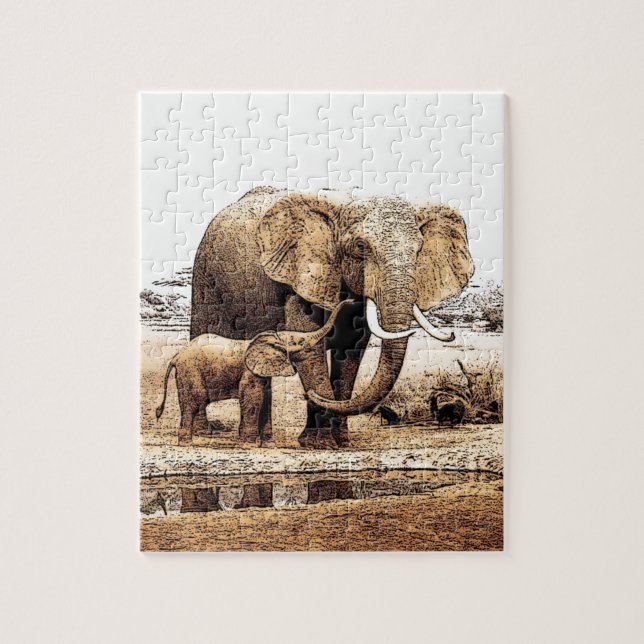 Elephant Family Illustration Animal Art Jigsaw Puzzle (Vertical)