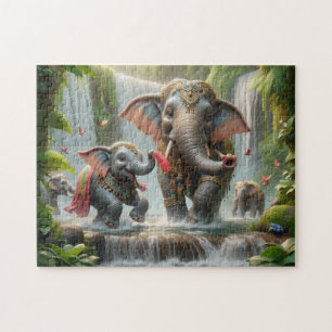 Elephant Family Jungle Waterfall Happy Time Jigsaw Puzzle
