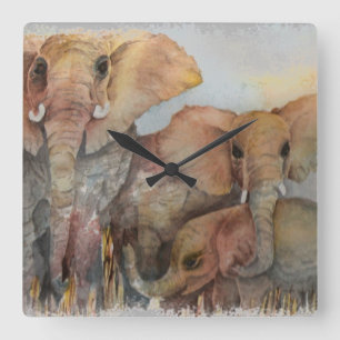 ELEPHANT FAMILY SQUARE WALL CLOCK