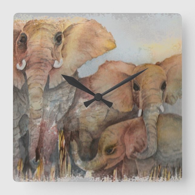 ELEPHANT FAMILY SQUARE WALL CLOCK (Front)