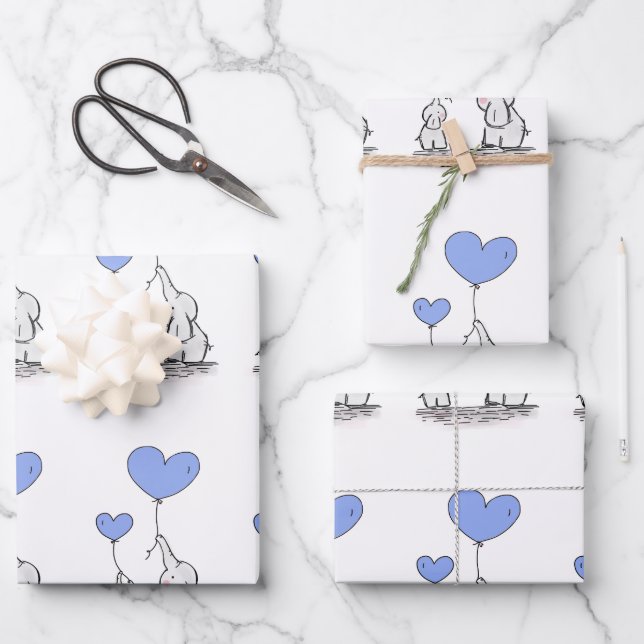 Elephant Family With Blue Heart Balloons Wrapping Paper Sheet (Front)