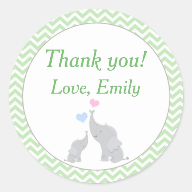 Elephant Favour Label Mint Green Unisex Baby Showe (Front)