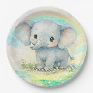 Elephant First Birthday Rainbow Pink Pastel Boy Paper Plate
