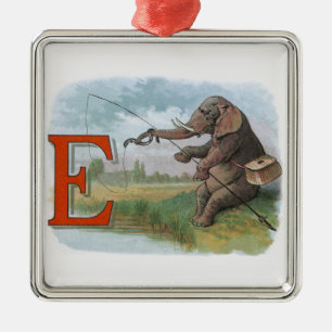 Elephant fisherman fishing Illustration Metal Tree Decoration