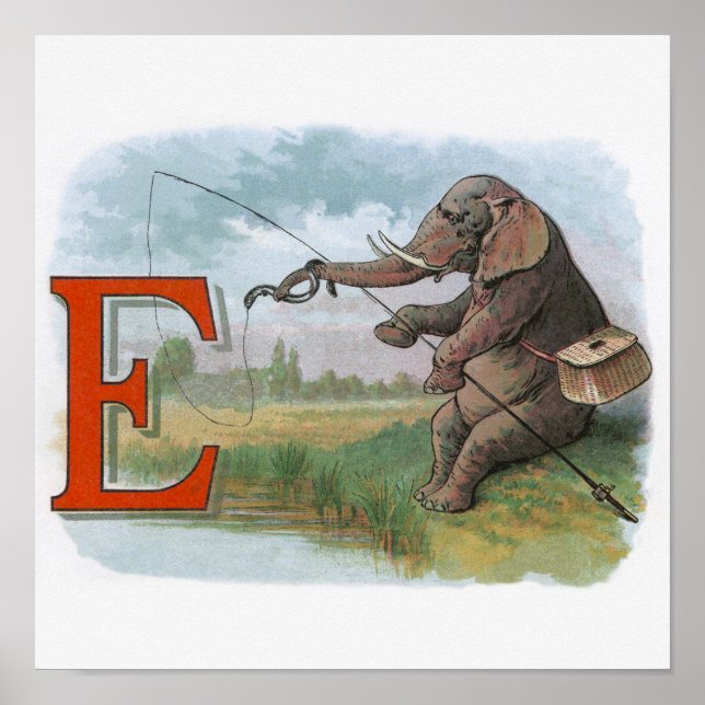 Elephant fisherman fishing Illustration Poster (Front)