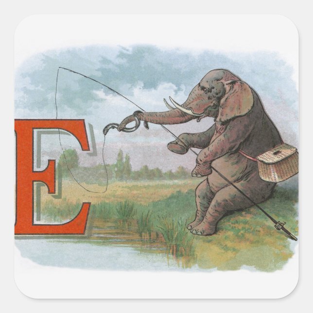 Elephant fisherman fishing Illustration Square Sticker (Front)