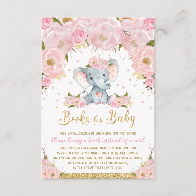 Elephant Floral Baby Shower Bring a Book Baby Girl Enclosure Card (Front)