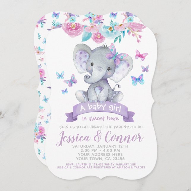 Elephant Floral Baby Shower Invitation (Front/Back)