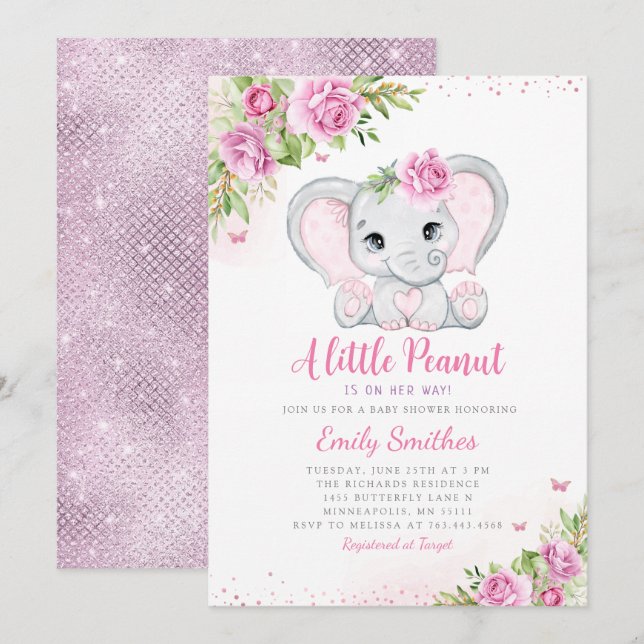 Elephant Floral Baby Shower Invitation Girl (Front/Back)
