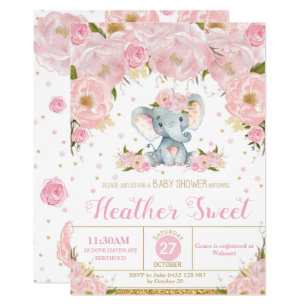 Elephant Floral Baby Shower Invitation Girl