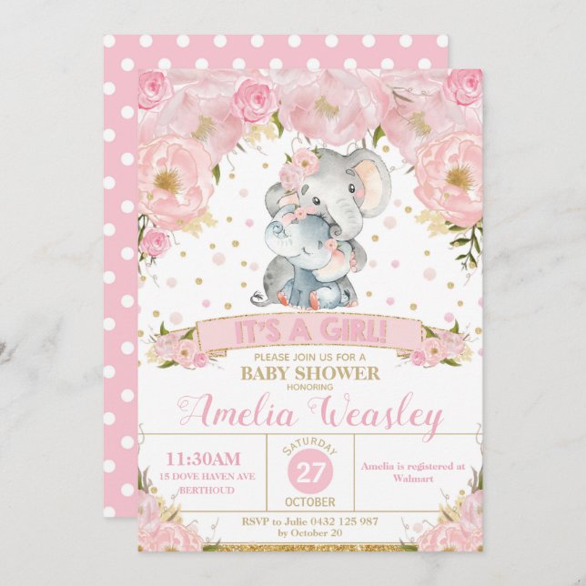 Elephant Floral Baby Shower Invitation Girl (Front/Back)