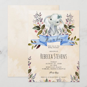 Elephant floral boy baby shower invitation