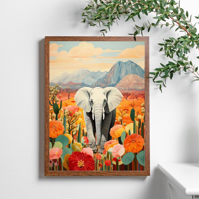 Elephant Floral Desert Mountain Colourful Poster (Creator Uploaded)