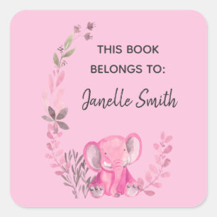 Elephant Floral Design Bookplate Sticker