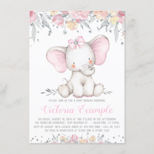 Elephant Floral Diamond Girl Baby Shower Invitation