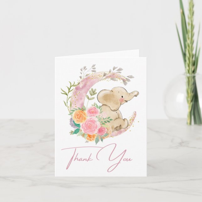 Elephant Floral Moon Baby Shower Thank You Card (Front)