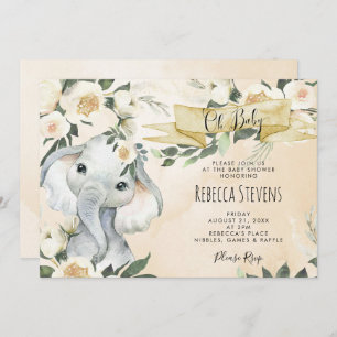 elephant floral neutral baby shower invitation