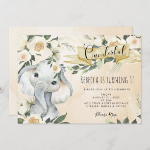 elephant floral onederful birthday invitation