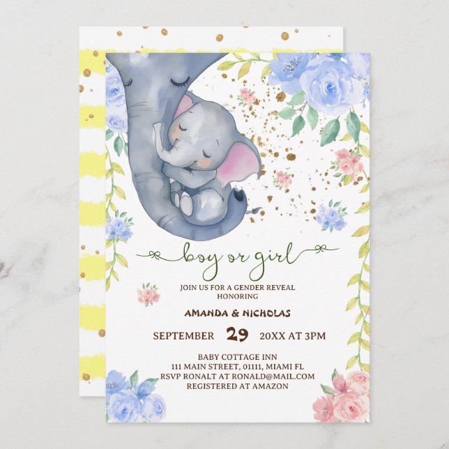 Elephant Floral Pink Blue Gender Reveal Invitation (Front/Back)