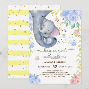 Elephant Floral Pink Blue Gender Reveal Invitation