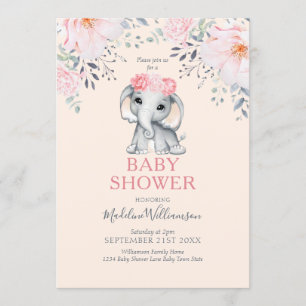 Elephant Floral Pink Girl Baby Shower Invitation