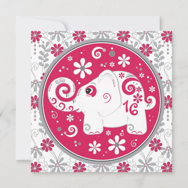 Elephant Floral Red Sweet 16 Birthday Invitation (Front)
