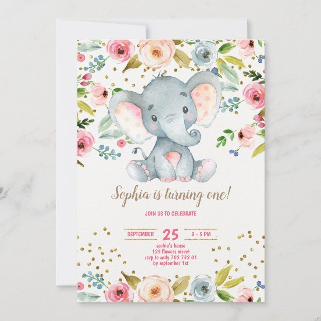 Elephant Floral Rustic Girl 1st Birthday Blush Invitation (Front)