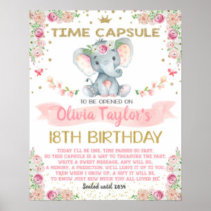 Elephant floral Time Capsule first birthday Poster