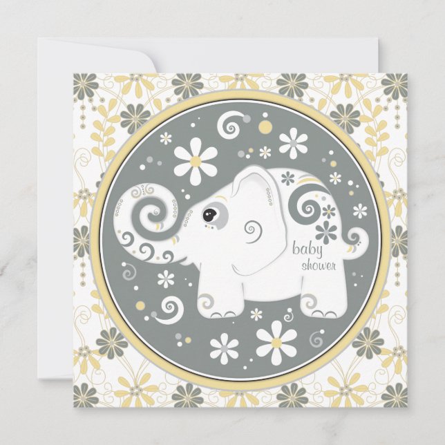 Elephant Floral Yellow Grey Baby Shower Invitation (Front)