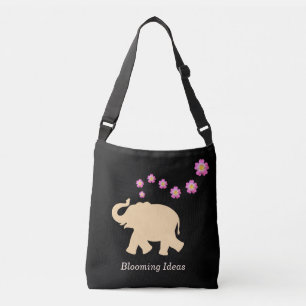 Elephant, Flowers & Blooming Ideas Text on Black Crossbody Bag