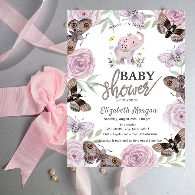 Elephant Flowers Butterflies Pink Baby Shower   Invitation (Creator Uploaded)