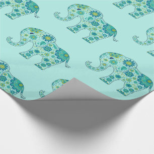 Elephant Flowers Teal Wrapping Paper
