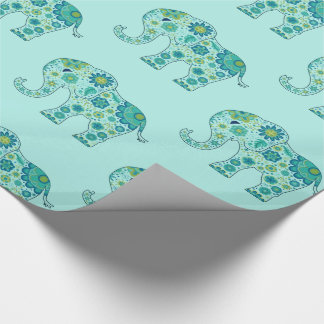 Elephant Flowers Teal Wrapping Paper