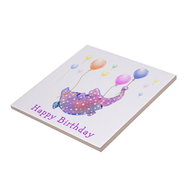 Elephant Flying Balloons Baby Birthda Ceramic Tile (Side)