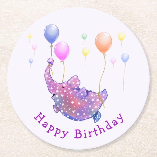 Elephant Flying Birthday Paper Coaster Balloons (Front)