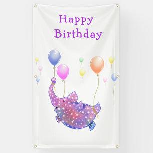 Elephant Flying Colourful Balloons Happy Birthday Banner