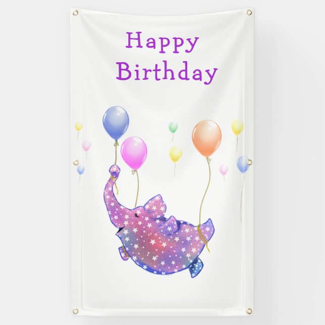 Elephant Flying Colourful Balloons Happy Birthday Banner (Vertical)