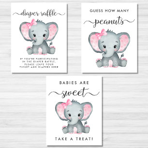 Elephant Games Favours Baby Girl Shower Poster Set