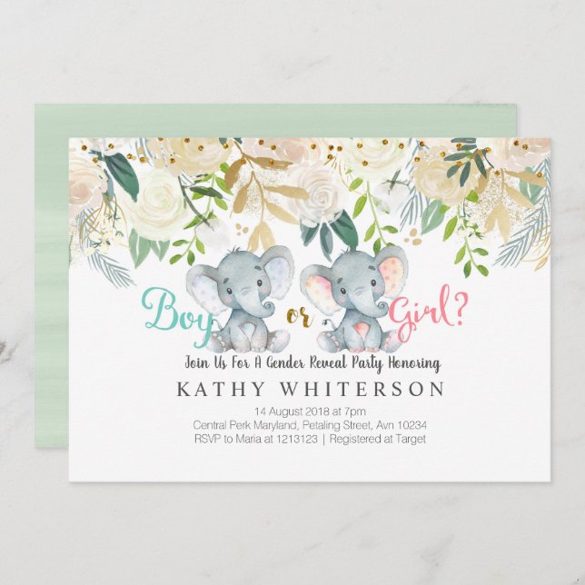 Elephant gender reveal Invitation Botanical (Front/Back)
