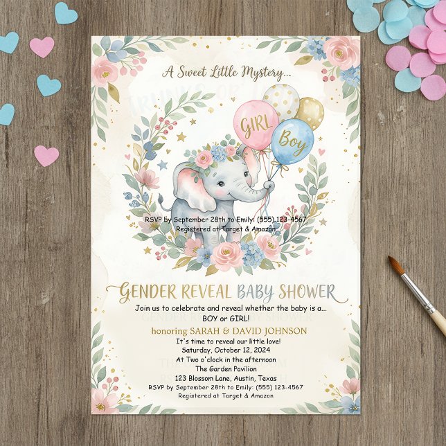 Elephant Gender Reveal Invitation | Pink & Blue Fl (Creator Uploaded)