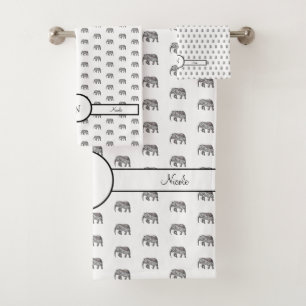 Elephant Geometric Monogram Black and White Bath Towel Set