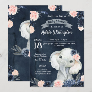 Elephant Gift Watercolor Floral Navy Pink Baby Invitation