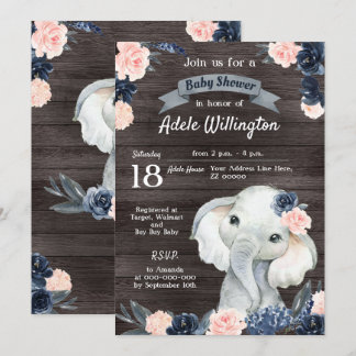 Elephant Gift Watercolor Floral Navy Pink Wooden Invitation