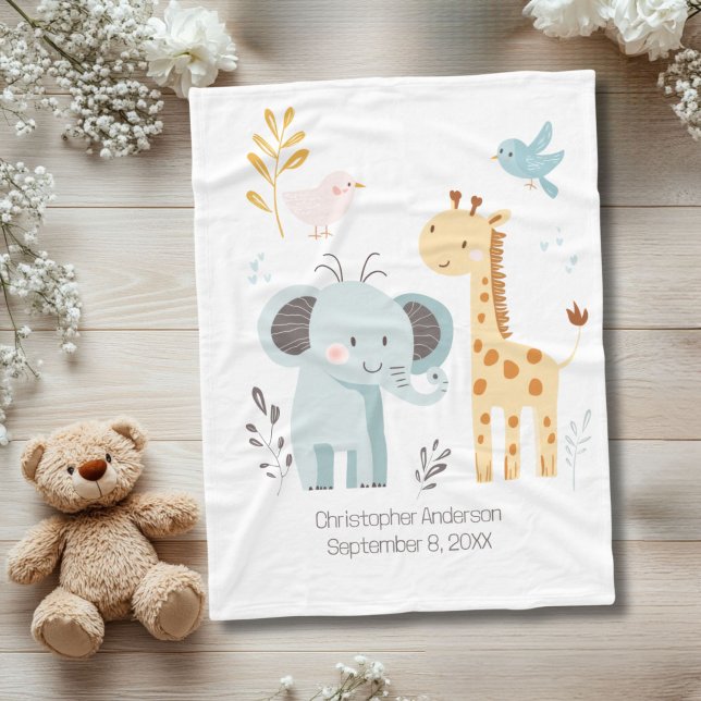 Elephant Giraffe Bird Personalised Birth Stat Baby Fleece Blanket (Personalized Birth Stats Elephant Giraffe Bird Baby Blanket)