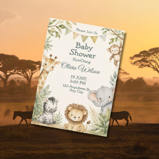 Elephant Giraffe Lion Zebra Neutral Baby Shower Invitation
