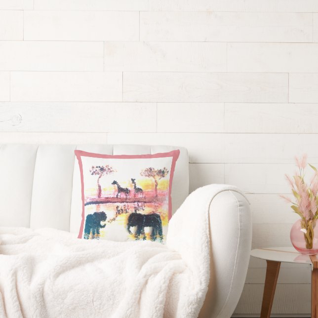 Elephant, Giraffe Safari Sunset Art Cushion (Couch)