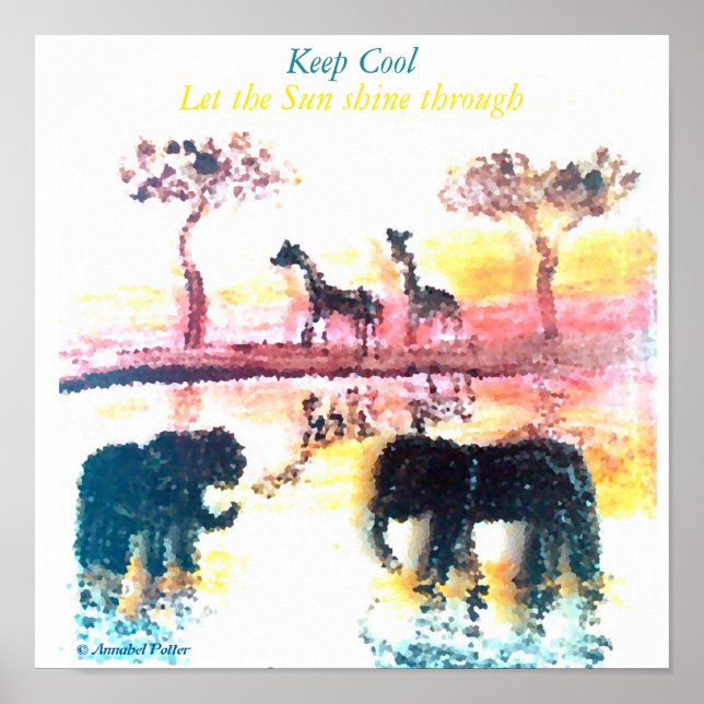 Elephant, Giraffe Safari Sunset Art Poster (Front)