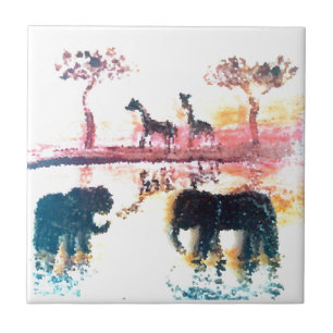 Elephant, Giraffe Safari Sunset Art Tile